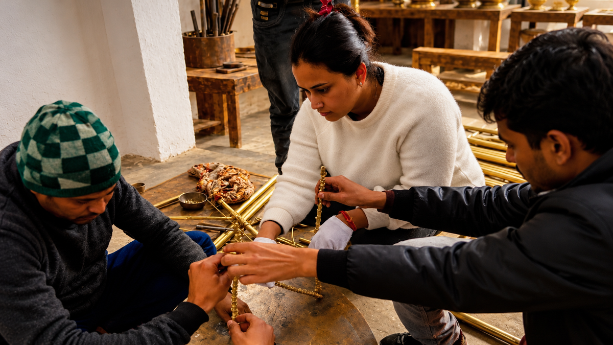 Young designers and artisans collaborating around a table in the Anom Studio Atelier workspace, working together on a design piece